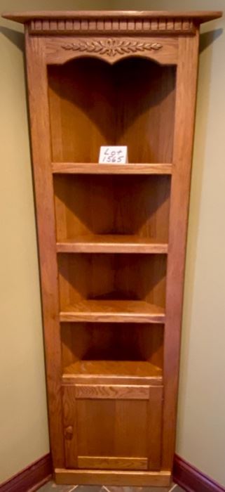 Lot 1565. $125.00 Oak Corner Cabinet with 4 Shelves, 1 Cabinet Door and Detail on Top Section. 77" H x 23" W x 12" D Perfect for a bathroom corner, or really any corner in a home!