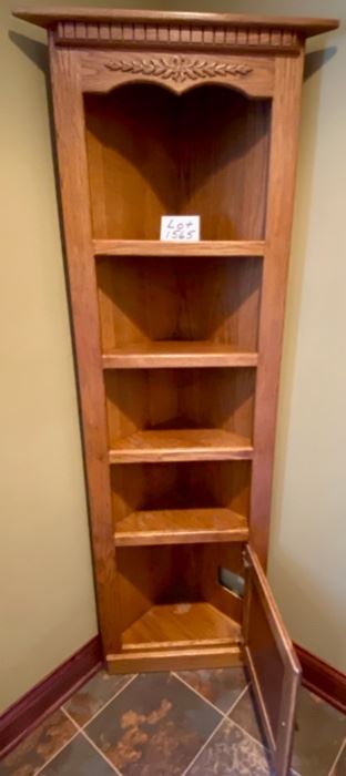 Lot 1565. $125.00 Oak Corner Cabinet with 4 Shelves, 1 Cabinet Door and Detail on Top Section. 77" H x 23" W x 12" D Perfect for a bathroom corner, or really any corner in a home!