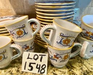 Lot 1548 $250.00 Note the silverware marks on this plate - you can scrub lightly with soft scrub or Bon Ami to remove. (The set Retails for $560.00) Sur La Table Nova DeRuta Pottery Dinnerware service for almost 8 - includes 7 dinner plates and 8 mugs (one not shown),, 8 salad and 8 soup plates. Serving pieces sold separately, Microwave safe hand-crafted in Italy. Retails for $560 Asking $250. Classic good looks.