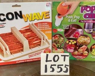 Lot 1555 $16.00 Two "As seen on TV!" New in Box items: Bacon Microwave Cooker, and Pop Chef for making melsons into various shapes.