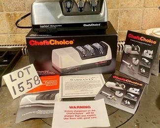 Lot 1558. $95. Chef's Choice Professional 120 Knife Sharpener, Heavy Duty Model. New in Box. Ebay sold prices range around $200. BY THE WAY, there is an interesting video on You Tube about how to sharpen knives correctly using this machine.