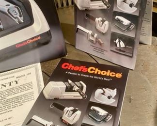 Lot 1558. $95. Chef's Choice Professional 120 Knife Sharpener, Heavy Duty Model. New in Box. Ebay sold prices range around $200. BY THE WAY, there is an interesting video on You Tube about how to sharpen knives correctly using this machine.