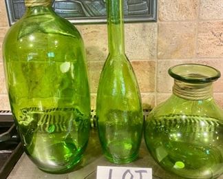 Lot 1559 $30.00 3 Pretty Green Glass Bottles/Vase/Decanter by Vidrios San Miguel.