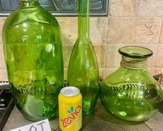 Lot 1559 $30.00 3 Pretty Green Glass Bottles/Vase/Decanter by Vidrios San Miguel.