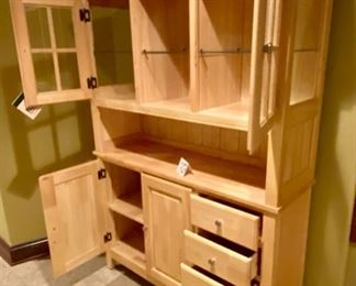 Lot 1566. $425.00. Very Functional Maple or Birch Cabinet & Hutch made by Bassett. Perfect for a Kitchen or Home Office. The Cabinet has 4 Drawers and 2 Cabinet Doors, Hutch has 2 Doors with Glass Shelves. Matches Lot 1566. Orig. Pd over $1600.00. 73" H x 50" L x 16" D