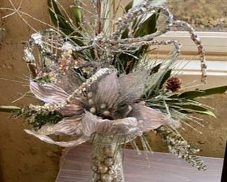 Lot 1586 $27.00 Silver Christmas Floral 20" H, and 2 Candle Holders & Freddy the Frog in the Window Well behind, LOL