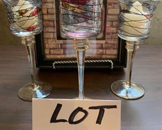 Lot 1587 $35.00 Villa Caracalla Ambrusco Wine Tile in 8.5" square frame, 3 Matching Candle Holders - 2 are 7" tall, 1 is 7.5 T.