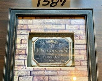 Lot 1587 $35.00 Villa Caracalla Ambrusco Wine Tile in 8.5" square frame, 3 Matching Candle Holders - 2 are 7" tall, 1 is 7.5 T.
