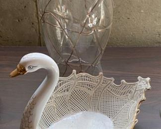 Lot 1588 $27.00 Hurricane Lamp 12" T, Caminal Ceramic Swan Candy Dish 9" long x 6" W x 7" to Swan's Head