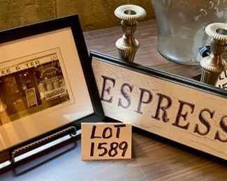 Lot 1589 $38.00 Coffee & Tea Photo in 9x11" Frame, 10" Tall Pewter Candlesticks, Espresso Sign 16" L x 6"