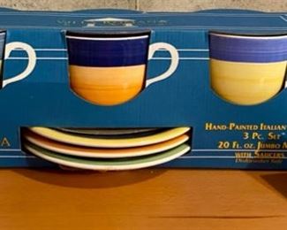 Lot 1592 $15.00 Brand New Villa Roman Hand-painted Italian Ceramic 3-pc. Set 20 fl. oz. Jumbo Mugs, w/saucers
