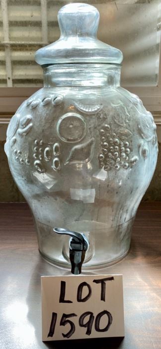 Lot 1590 $20.00 Pressed Glass Drink Dispenser with Grape Leaves in Relief.