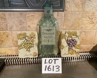 Lot 1613 $15.00 2 Wine Plaques in Relief - featuring Merlot and Sauvignon Blanc Grapes, and one glass wall hanging "Dominique Monet du Bois"