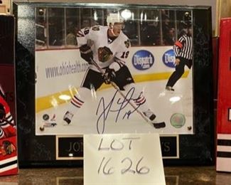 Lot 1626. $80 Blackhawk's Fave and I think Captain Jonathan Toews Hand-Signed 8x10 Photo with NHLHOLO x COA, Plus, if that wasn't enough, 2 Brand New Toews Bobbleheads!