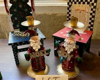 Lot 1624. $ 25.00. Pair of Christmas Chairs 12" T x 6" Wide; Pair of Santa Candlesticks, and two santa figurines, holding a "NOEL" and a "JOY". This lot is terrific!