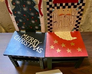 Lot 1624. $ 25.00. Pair of Christmas Chairs 12" T x 6" Wide; Pair of Santa Candlesticks, and two santa figurines, holding a "NOEL" and a "JOY". This lot is terrific!