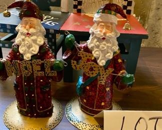 Lot 1624. $ 25.00. Pair of Christmas Chairs 12" T x 6" Wide; Pair of Santa Candlesticks, and two santa figurines, holding a "NOEL" and a "JOY". This lot is terrific!