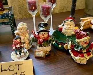 Lot 1625. Asking $20. Mr. & Mrs. Snowman Figurines 4.5" Tall, Tea Canister, Santa Soap Dish, Votive Candle Lid, Snowman Figurine, and set of 3 candles $20
