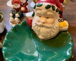 Lot 1625. Asking $20. Mr. & Mrs. Snowman Figurines 4.5" Tall, Tea Canister, Santa Soap Dish, Votive Candle Lid, Snowman Figurine, and set of 3 candles $20
