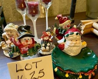 Lot 1625. Asking $20. Mr. & Mrs. Snowman Figurines 4.5" Tall, Tea Canister, Santa Soap Dish, Votive Candle Lid, Snowman Figurine, and set of 3 candles $20