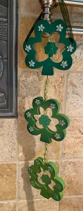 Lot 1602. $16. Happy St. Patricks Day. Lot includes one green clover door hanger, 2 green festive glass votive holders,, 1 Clover Shaped Ceramic Nut Dish, 3 small dipping bowls from Linens and Things.