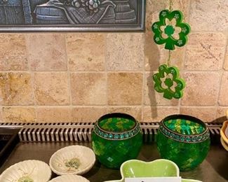 Lot 1602. $16. Happy St. Patricks Day. Lot includes one green clover door hanger, 2 green festive glass votive holders,, 1 Clover Shaped Ceramic Nut Dish, 3 small dipping bowls from Linens and Things.