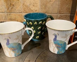 Lot 1603. $28.00 Smart Gear Heated Travel Mug, New in Box, 2 Mugs Alumni from Truman State University, 1 Cool Peacock Shaped mug in relief, and 2 Peacock decorated mugs