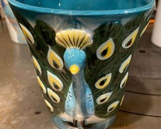 Lot 1603. Asking $28 for all - Smart Gear Heated Travel Mug, New in Box, 2 Mugs Alumni from Truman State University, 1 Cool Peacock Shaped mug in relief, and 2 Peacock decorated mugs