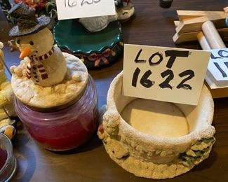 Lot 1622. $25. 2-Pc Lot includes Candle Hugger w/ Candle and Lid, Russ Ice Sculpture Snowman "Ski Daddling"