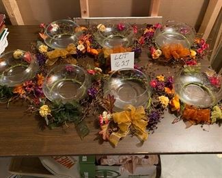 Lot # 1627. $50.00. 7 Piece Lot, 7 Floating Candle Bowls w/ Decorative Fall Wreaths 8" Diam. x 3" H Sorry we couldn't have cropped this a little nicer for you; this one slipped away from us. See next pic for a little closer look.