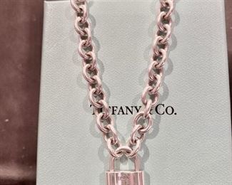 Lot 1610. Asking $325. Tiffany and Co. 1837 Padlock Necklace on 16" thick sterling chain with Original Box. Sterling Silver 925, Front of Padlock says 925 - T&Co, Authentic. Asking $325