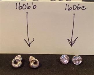 Lot 1606 A, B, C, & D. Tiffany & Company 925 Stud Earrings 4 pairs, as follows: 1606a. : Circle 1837 Sterling Studs, 925 Italy $200. 1606B: Tiffany & Co, Elsa Peretti Signed Sterling Eternal Circle Stud. Spain. $200, 1606C Retired Sterling Silver Tiffany & Co. New York font in Script $200, and 1606D. T& Co. Sterling Silver stud earrings signed by Paloma Picasso Signed, Triple Venezia Goldoni. $100.