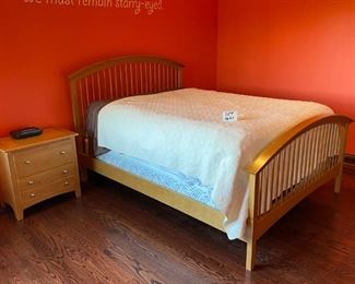 Lot 1641. Asking $750.00 Stanley Furniture Maple Queen Bed with Headboard and Footboard and Mattress/Box Spring. Includes the two side night tables (Tops of nightstands are in Rough Shape). 80" W. BTW, There are a number of accompanying pieces to this bed - the Homeowners paid $5,255 for the bed, 2 nightstands, 1 long dresser with mirror, 1 tall 12-drawer dresser and the desk.