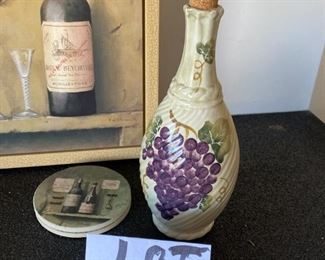 Lot 1653. $23. Wine Lovers Lot: Wine Print, LNT Olive Oil Cruet and 2 Wine Coasters