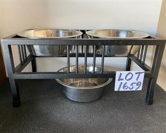 Lot 1659. $40.00 Baron Double Dog Diner Stand and 3 Stainless Steel Bowls 10" Diam x 4" H (each bowl). Retails for 79.99 Online
