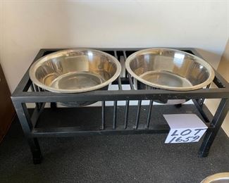 Lot 1659. $40.00 Baron Double Dog Diner Stand and 3 Stainless Steel Bowls 10" Diam x 4" H (each bowl).