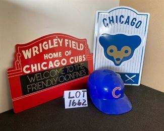 Lot 1662 $15.00 Cubs Package - plastic batting helmet, 2 signs