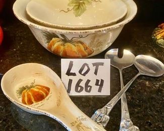 Lot 1664. $38.00 Salad servers and Spoon Rest and two Salad bowls