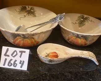 Lot 1664. $38.00. Salad servers and Spoon Rest and two Salad bowls