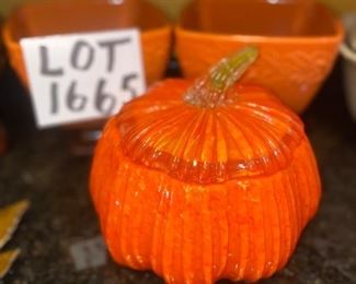 Lot 1665. $25.00. Lidded Glass Pumpkin Bowl and 2 square bowls