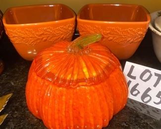 Lot 1665. $25.00. Lidded Glass Pumpkin Bowl and 2 square bowls