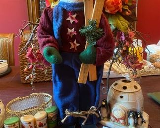 1671. Asking $26. Scented Wax melter with the penguins by Yankee Candle, 4 votives in a gold wire basket, and a darling standing wooden snowman holding skis