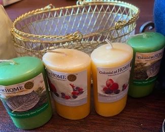 1671. Asking $26. Scented Wax melter with the penguins by Yankee Candle, 4 votives in a gold wire basket, and a darling standing wooden snowman holding skis