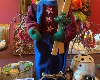 1671. Asking $26. Scented Wax melter - igloo shaped with the penguins by Yankee Candle, 4 votives in a gold wire basket, and a darling standing wooden snowman holding skis
