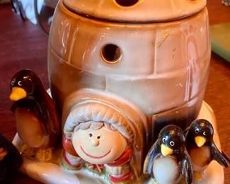 1671. Asking $26. Scented Wax melter with the penguins by Yankee Candle, 4 votives in a gold wire basket, and a darling standing wooden snowman holding skis