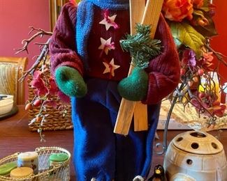 1671. Asking $26. Scented Wax melter - igloo shaped with the penguins by Yankee Candle, 4 votives in a gold wire basket, and a darling standing wooden snowman holding skis
