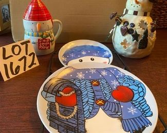Lot 1672. $ 24.00 Covered Snowman mug, cute Snowman luminary and 2 part melamine Snowman bowl & plate (hangs on wall, too.)