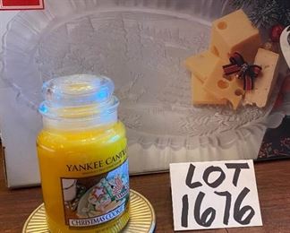 Lot 1676. $18. Mikasa Glass Christmas tray in box, Yankee Jar candle "Christmas Cookie" fragrance, never burned, sitting on a tin plate