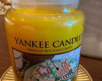 Lot 1676. $18. Mikasa Glass Christmas tray in box, Yankee Jar candle "Christmas Cookie" fragrance, never burned, sitting on a tin plate