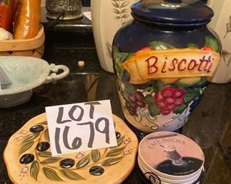 Lot 1679. $25.00. Nonnie's Biscotti Jar, Provincial Olives Trivet and Coffee Mocha coasters